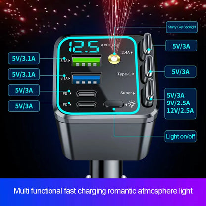 5 In 1 Car Charger 66W with Retractable Cable PD30W Fast Charging & Voltage Display