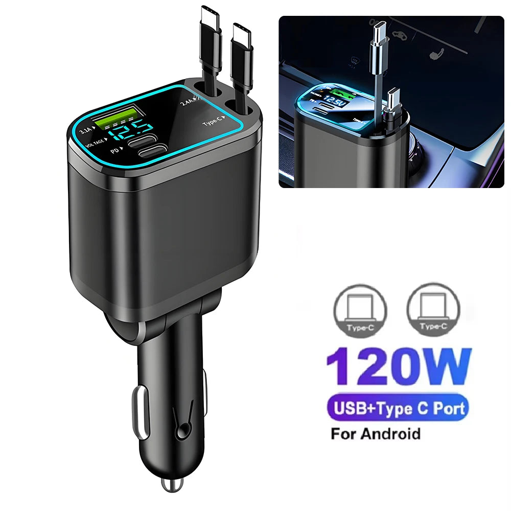 5 In 1 Car Charger 66W with Retractable Cable PD30W Fast Charging & Voltage Display