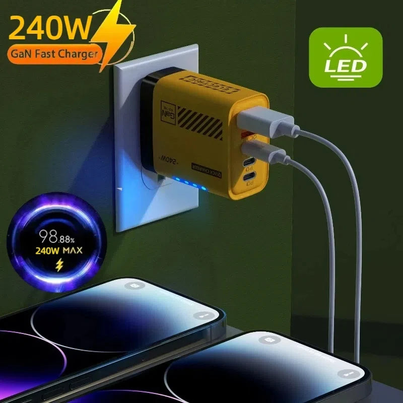 240W 5 In 1 GaN Fast Charger with LED Light 2 USB + 3 PD Multi-Port for iPhone & Laptop