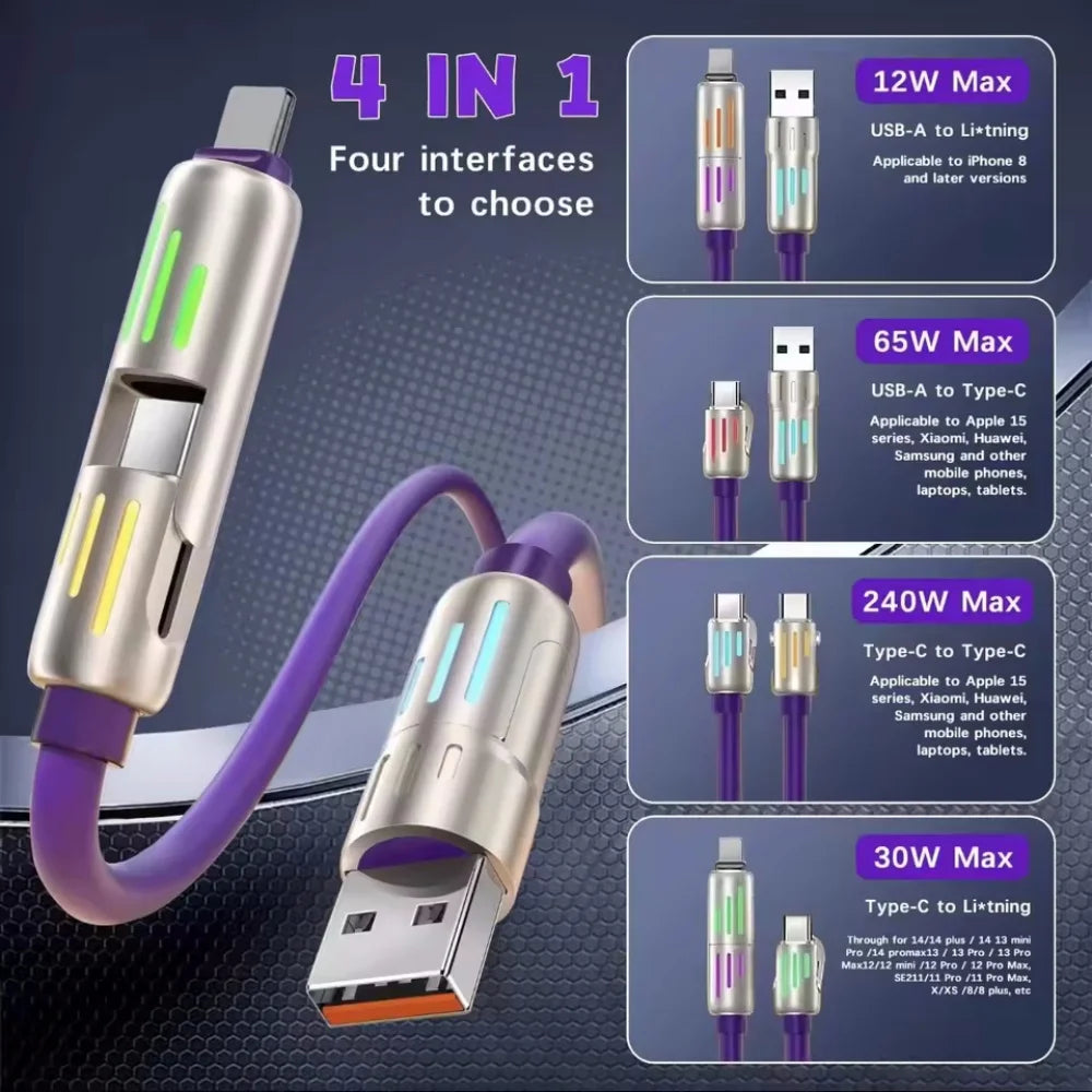 Multi Connectors 4 in 1 Charger – Rotating Elbow USB to Type-C 1.5m 240W Fast Charging Cable & Data Transfer