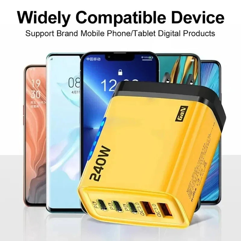 240W 5 In 1 GaN Fast Charger with LED Light 2 USB + 3 PD Multi-Port for iPhone & Laptop
