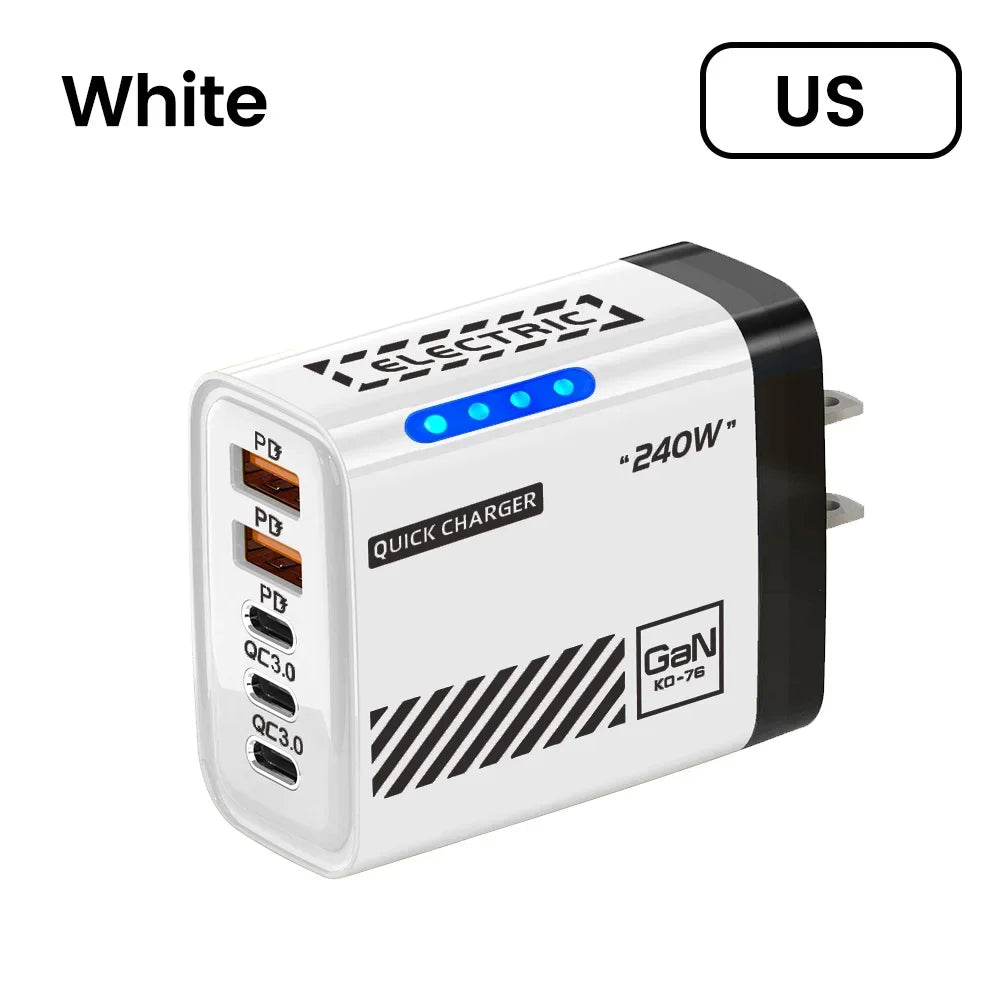 240W 5 In 1 GaN Fast Charger with LED Light 2 USB + 3 PD Multi-Port for iPhone & Laptop