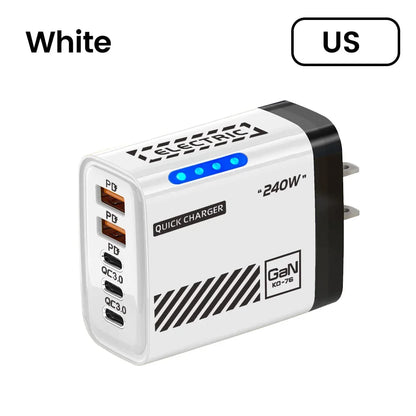 240W 5 In 1 GaN Fast Charger with LED Light 2 USB + 3 PD Multi-Port for iPhone & Laptop
