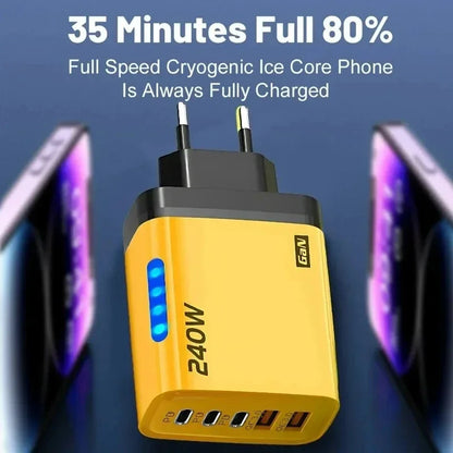 240W 5 In 1 GaN Fast Charger with LED Light 2 USB + 3 PD Multi-Port for iPhone & Laptop