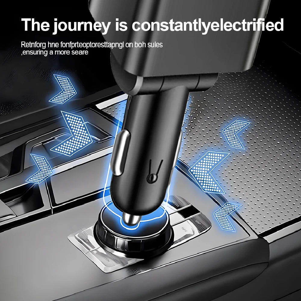 5 In 1 Car Charger 66W with Retractable Cable PD30W Fast Charging & Voltage Display