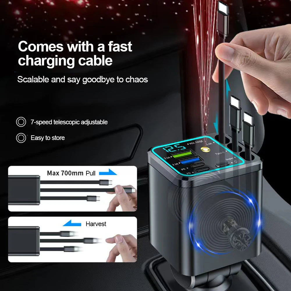 5 In 1 Car Charger 66W with Retractable Cable PD30W Fast Charging & Voltage Display