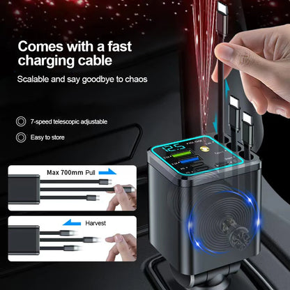 5 In 1 Car Charger 66W with Retractable Cable PD30W Fast Charging & Voltage Display