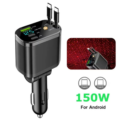5 In 1 Car Charger 66W with Retractable Cable PD30W Fast Charging & Voltage Display