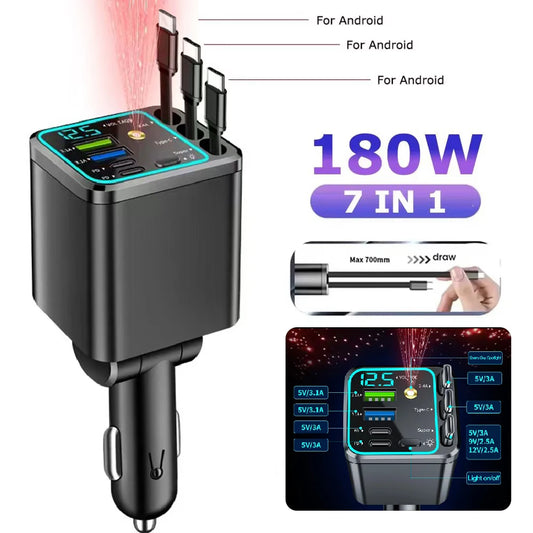 5 In 1 Car Charger 66W with Retractable Cable PD30W Fast Charging & Voltage Display