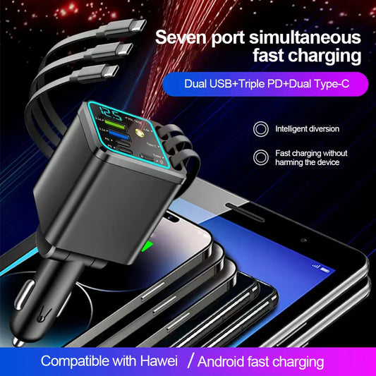 5 In 1 Car Charger 66W with Retractable Cable PD30W Fast Charging & Voltage Display