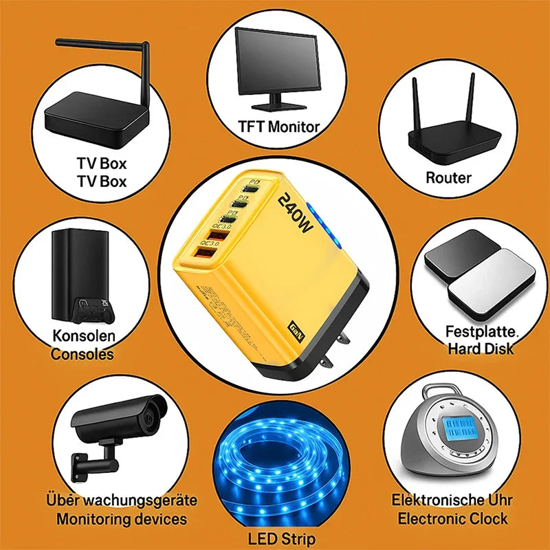240W 5 In 1 GaN Fast Charger with LED Light 2 USB + 3 PD Multi-Port for iPhone & Laptop