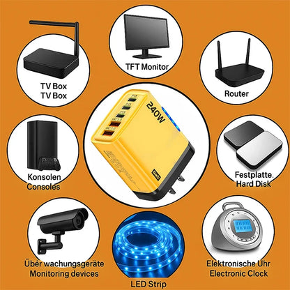 240W 5 In 1 GaN Fast Charger with LED Light 2 USB + 3 PD Multi-Port for iPhone & Laptop