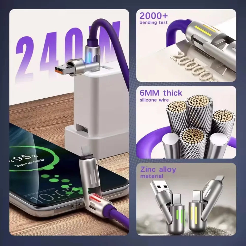 Multi Connectors 4 in 1 Charger – Rotating Elbow USB to Type-C 1.5m 240W Fast Charging Cable & Data Transfer