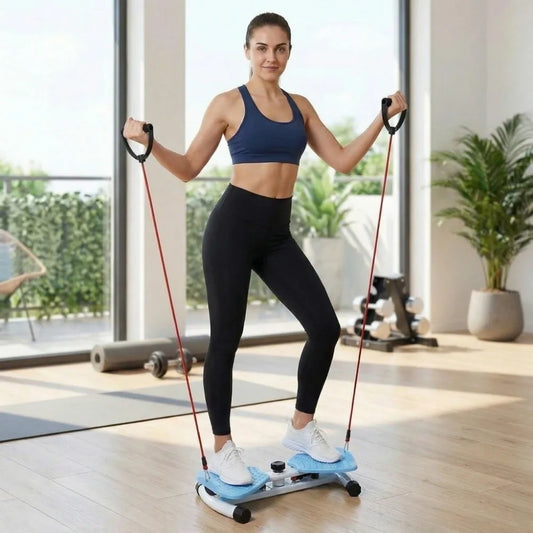 Rotating Waist Training Board with Resistance Bands Silent Stepper with Double-Grip Pedals