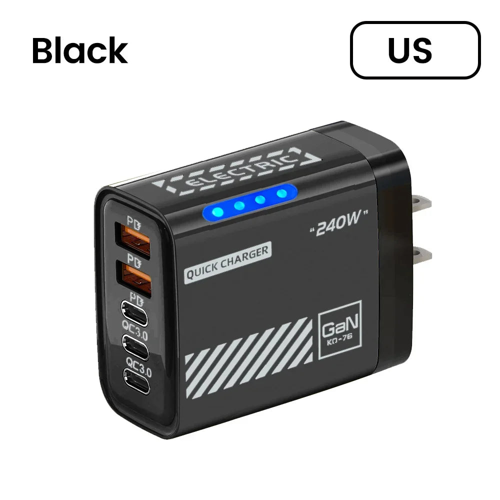 240W 5 In 1 GaN Fast Charger with LED Light 2 USB + 3 PD Multi-Port for iPhone & Laptop