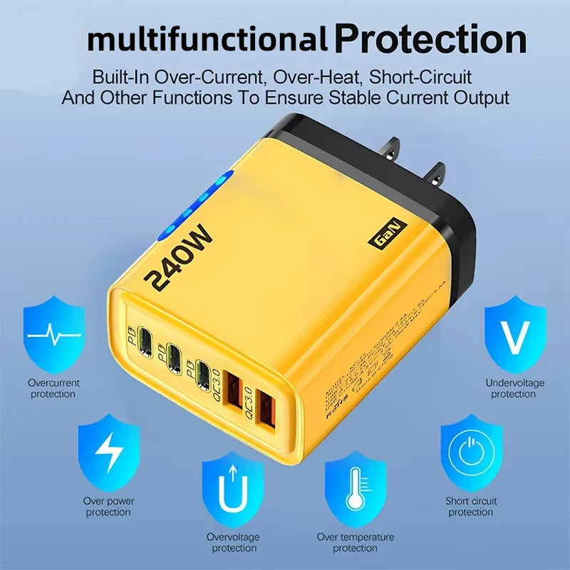 240W 5 In 1 GaN Fast Charger with LED Light 2 USB + 3 PD Multi-Port for iPhone & Laptop