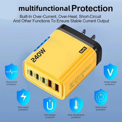 240W 5 In 1 GaN Fast Charger with LED Light 2 USB + 3 PD Multi-Port for iPhone & Laptop