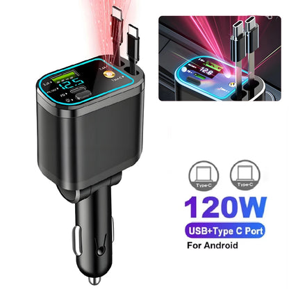 5 In 1 Car Charger 66W with Retractable Cable PD30W Fast Charging & Voltage Display