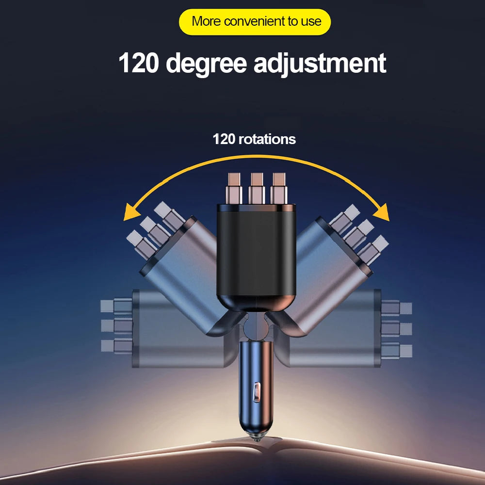 5 In 1 Car Charger 66W with Retractable Cable PD30W Fast Charging & Voltage Display