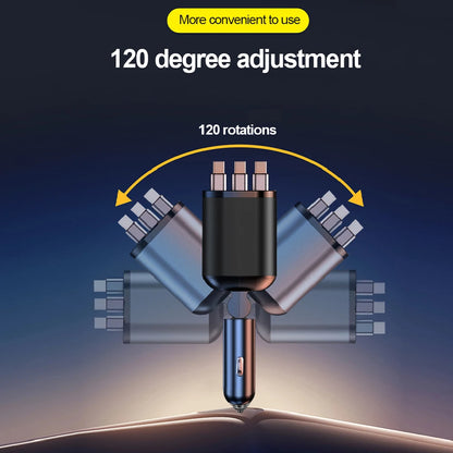 5 In 1 Car Charger 66W with Retractable Cable PD30W Fast Charging & Voltage Display