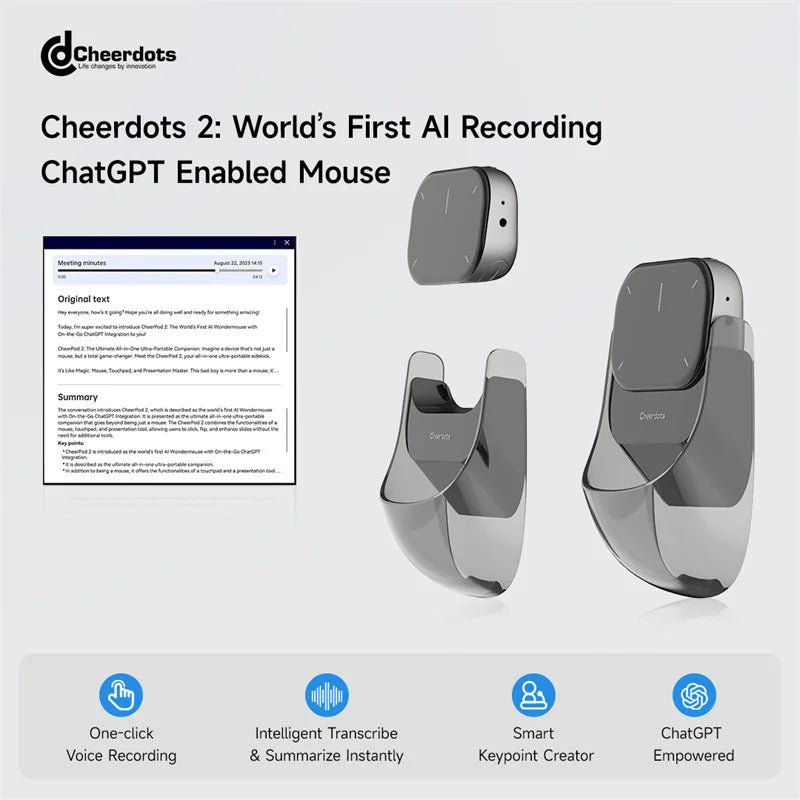 Cheerdots2 Detachable Air Wireless Mouse with Touchpad AI Recording, ChatGPT & Silent Click for Work