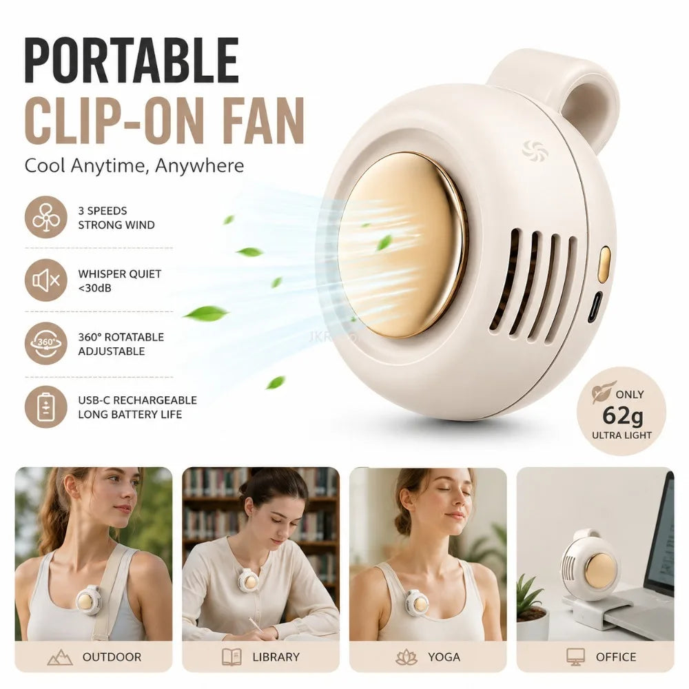 Portable Mini Bladeless Fan – Clip-On Waist Fan 3-Speed Cooling for Outdoor Travel & Daily Use
