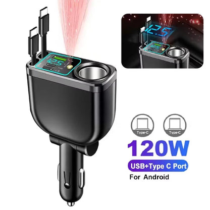 5 In 1 Car Charger 66W with Retractable Cable PD30W Fast Charging & Voltage Display