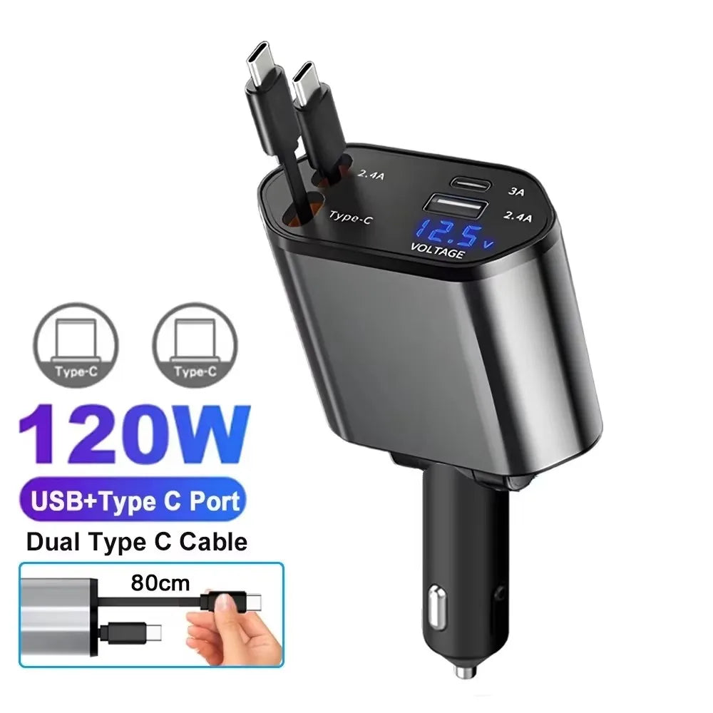 5 In 1 Car Charger 66W with Retractable Cable PD30W Fast Charging & Voltage Display
