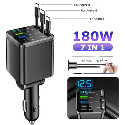 5 In 1 Car Charger 66W with Retractable Cable PD30W Fast Charging & Voltage Display