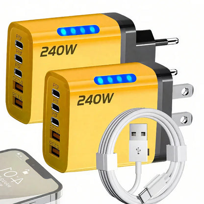 240W 5 In 1 GaN Fast Charger with LED Light 2 USB + 3 PD Multi-Port for iPhone & Laptop