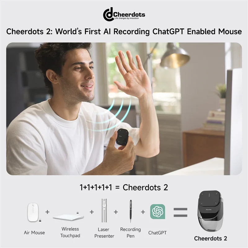 Cheerdots2 Detachable Air Wireless Mouse with Touchpad AI Recording, ChatGPT & Silent Click for Work
