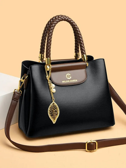 BAIKHIJU Luxury Leather Handbag for Women | Braided Handles & Gold Leaf Charm