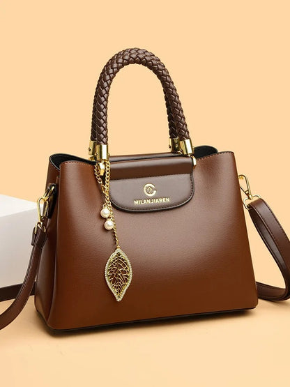 BAIKHIJU Luxury Leather Handbag for Women | Braided Handles & Gold Leaf Charm