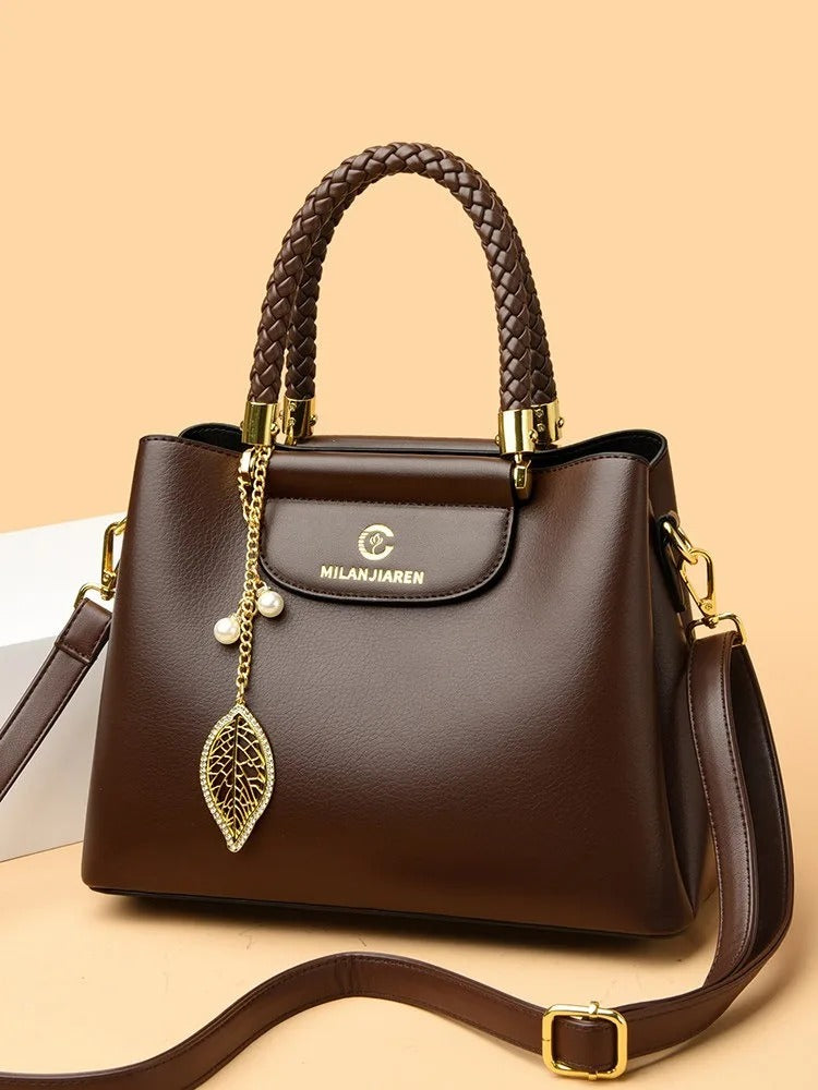BAIKHIJU Luxury Leather Handbag for Women | Braided Handles & Gold Leaf Charm