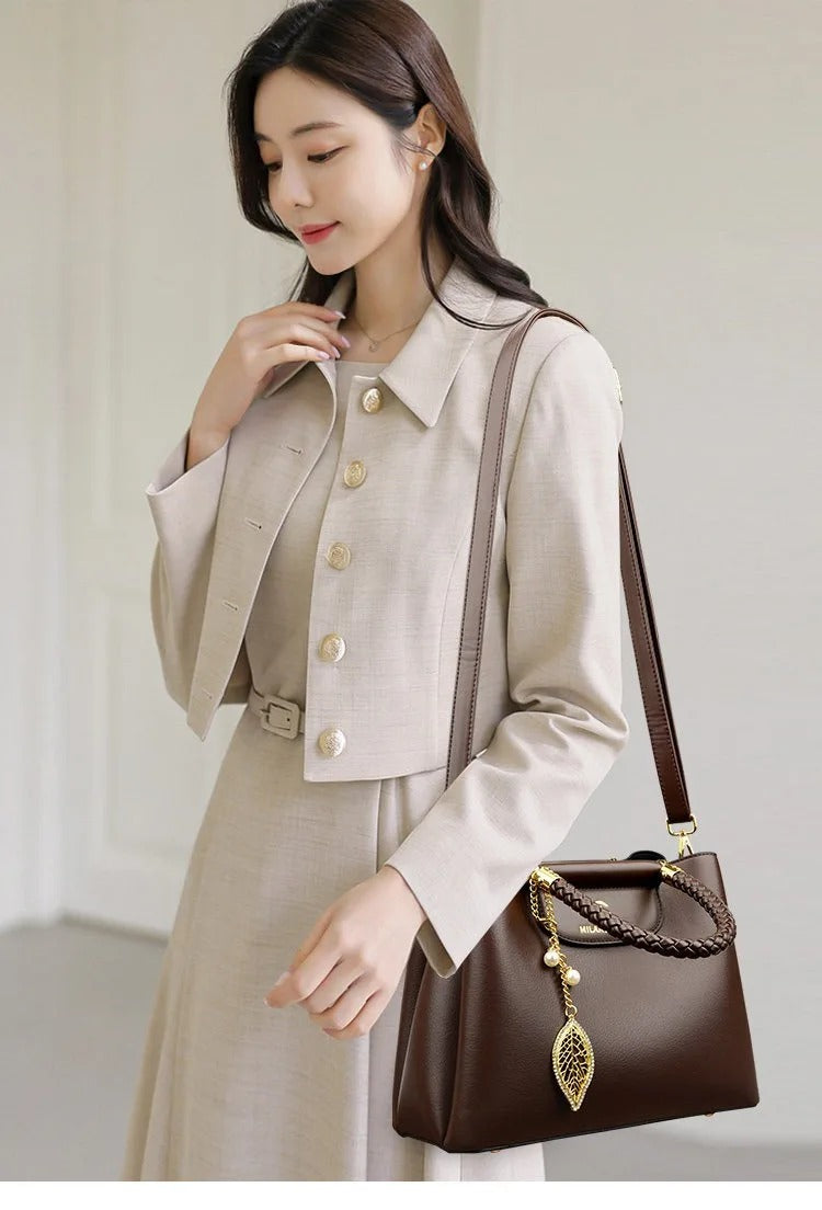 BAIKHIJU Luxury Leather Handbag for Women | Braided Handles & Gold Leaf Charm