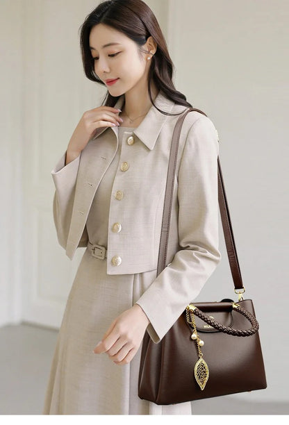 BAIKHIJU Luxury Leather Handbag for Women | Braided Handles & Gold Leaf Charm