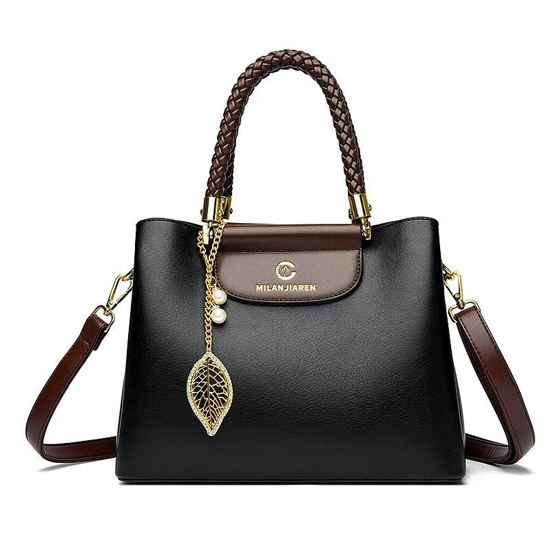 BAIKHIJU Luxury Leather Handbag for Women | Braided Handles & Gold Leaf Charm