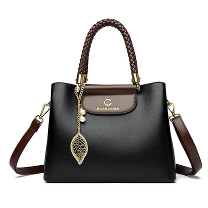 BAIKHIJU Luxury Leather Handbag for Women | Braided Handles & Gold Leaf Charm