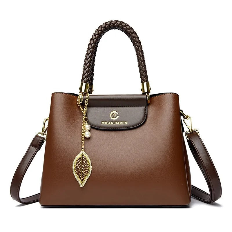 BAIKHIJU Luxury Leather Handbag for Women | Braided Handles & Gold Leaf Charm