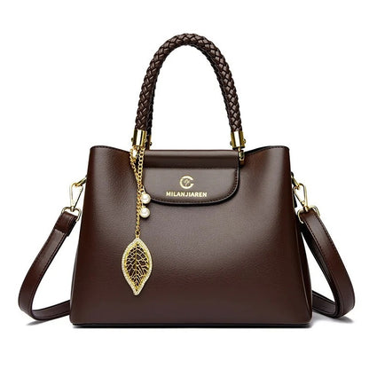 BAIKHIJU Luxury Leather Handbag for Women | Braided Handles & Gold Leaf Charm